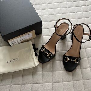 Gucci Black 3” Heeled Sandals with Gold Accents A9L00